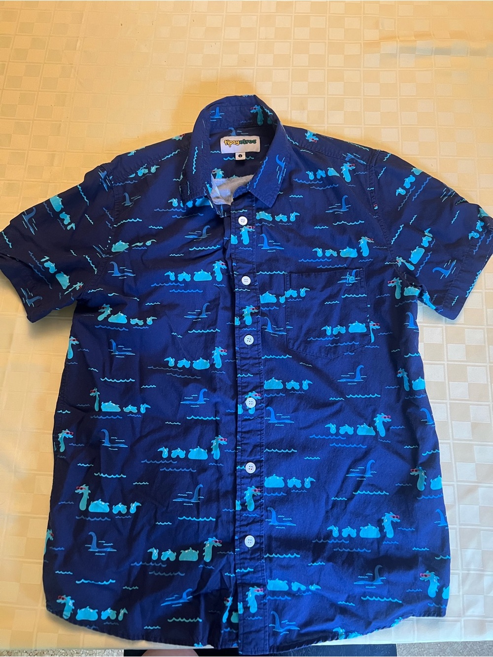 Tipsy Elves Navy Blue Short-Sleeve Button-Up with Aqua Novelty Print